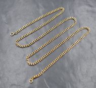 A 9ct gold curb link neck chain, 74.5cm, 23.2g. Clasp is broken