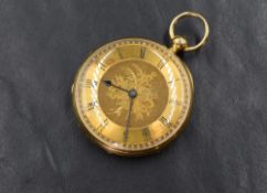 A Victorian 18ct gold open faced key wound pocket watch having a Roman numeral dial to engraved face