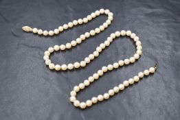 A single row of cultured pearls, having a white to cream lustre with a 14ct hook clasp,