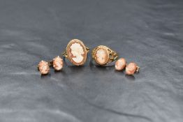 Two 9ct gold cameo rings with 2 matched pairs of cameo earrings, all depicting maidens in profile,