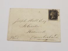 GB 1841 1d BLACK PL4 FOUR MARGINS COVER SENT BIRMINGHAM TO KESWICK Cover with 4 margin black,