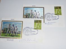 GB 1980 SPORTS CRICKET FDC's SIGNED IN INK BY SIR DONALD BRADMAN AND BRIAN JOHNSTON (JOHNNERS) Duo