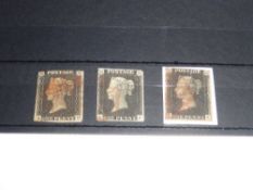 GB 1840 1D BLACK x 3 IN CARD, MIX OF 3 and 4 MARGINS ALL TIED WITH RED MX Card with three blacks,