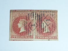 SOUTH AUSTRALIA 1858 PAIR OF 2d ROSE-CARMINE WITH 1 IN OVAL CANCEL Pair of 2d Rose-carmines from