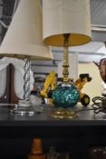 An Art Deco style tabe lamp having twisted chrome stem and fabric shade, 50cm, sold together with