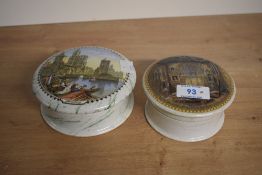 Two ceramic Pratt ware pots and lids, the lids depicting a scene of Strasburgh and the Chapel Royal,