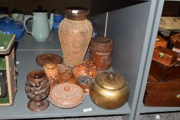 A wooden baluster vase decorated with wicker coil, h31cm, sold together with various other wooden