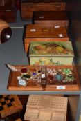 A collection of costume jewellery, mostly brooches, sold together with a 19th century jewellery box,