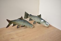 Colin Andrews (contemporary), a pair of studio pottery model trout fish, signed and dated 2000,