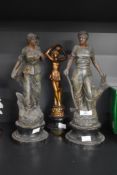 A cast metal figure of a female ballet with tambourine standing on rocky ground, resting on a wooden