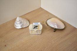 An attractive mother-of-pearl trinket box with bird inlay, w6cm, sold together with a sea shell