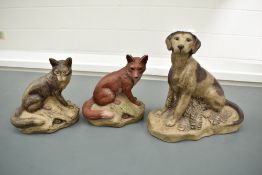Three Barbara Linley Adams Poole Pottery stoneware animal studies comprising two foxes, brown and