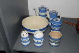 A group of Cornish blue and white stripe kitchen ware, makers marks to base, comprising of tea