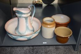 A large 19th century ceramic toilet jug and bowl, H32cm, sold together with a stoneware jar, a