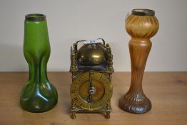 A lantern style electric mantle clock, having chapter ring with Roman numerals, engraved to back '