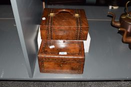 A 19th century burr wood jewellery box, having geometric inlay pattern and carry handing, w25,