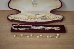 A freshwater pearl necklace with matching drop earrings, along with a further freshwater rice