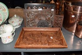 An oak plaque finely carved depicting carved foliage and leaves, h39cm, sold alongside various other