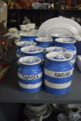 A group of TG Green & Co Cornish kitchen ware blue and white lidded jars, to include pea jar, rice