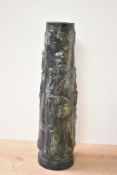 A heavy Japanese bronze cylindrical patented vase, decorated having three raised relief female