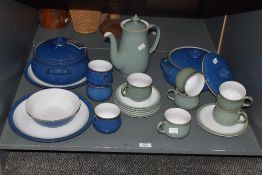 A part Denby tea service in green glaze, comprising of 6 cups, 6 saucers and tea pot, sold
