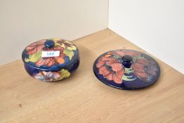 A Moorcroft pottery Hibiscus pattern covered bowl, decorated in cobalt blue, painted mark to base