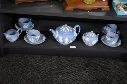 A part Wedgwood Jasperware tea service, comprising of tea pot, 4 cup and saucers, sugar bowl and