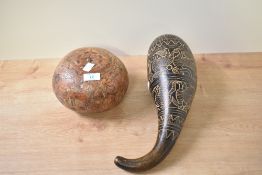 A small hand-engraved Peruvian Calabash storyteller, having an hexagonal lid, h12cm, sold together