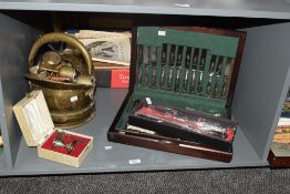 A canteen of silver plated cutlery encased in a mahogany box, w40cm, sold together with a silver