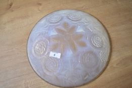 A large French Lalique style opalescent glass bowl in the Art Deco style having moulded foliage