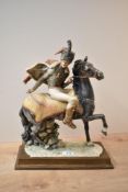 A large Capodimonte porcelain figure depicting French Hussar on horseback, on wooden base
