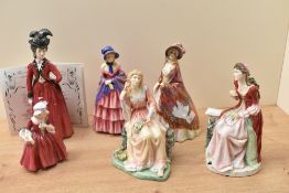 A group of six Royal Doulton bone china figurines comprising 'Lavinia' HN 1955, Shakespeare