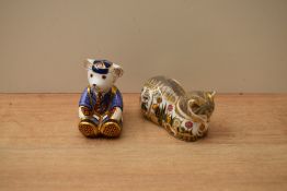 Two Royal Crown Derby paperweights Cottage Garden Cat and Schoolboy Teddy, having Imari style