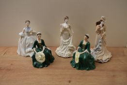Three Royal Doulton bone china figurines 'Kelly' HN 3222, 'A Lady from Williamsburg' HN 2228 x2.