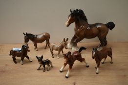 A selection of Beswick Pottery foals and donkeys, various sizes and colour ways all in gloss finish,