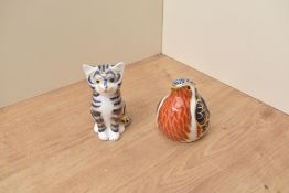 Two Royal Crown Derby bone china paperweights Robin and Taby Cat both having Imari style