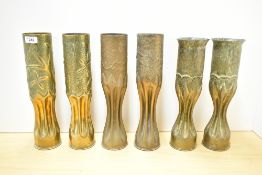 Three pair of World War I brass Trench Art shell cases, two being French 75DEC with textured and