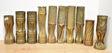 A collection of ten World War I brass Trench Art shell cases, a mixture of British and