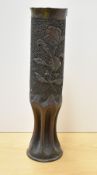 A large German Karth Trench Art shell case, embossed with a rose above a waisted and deep fluted