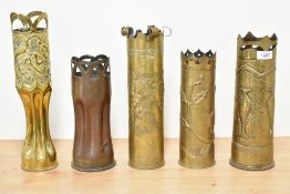 A group of five British and French World War I brass Trench Art shell cases, each with embossed