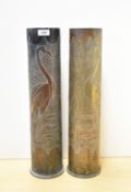 A pair of large German World War I Karth Trench Art shell case, hand-decorated with a flamingo