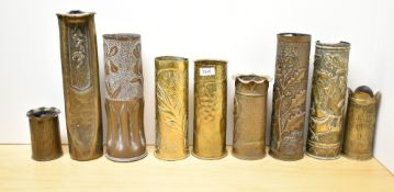 A group of nine French, British and German World War I Brass Trench Art shell cases, to include a