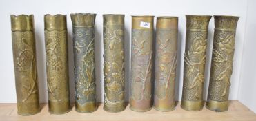 Three pairs of World War I French Trench Art shell cases, 35cm, one pair with petalated rims, two