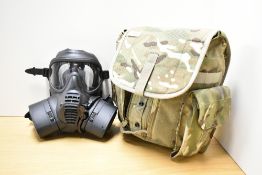 GSR British Army general service issue respirator/gas mask with filters, housed in a camouflaged