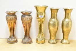 A pair of British World War I 18 Pounder II Trench art shell cases, having flared, textured and