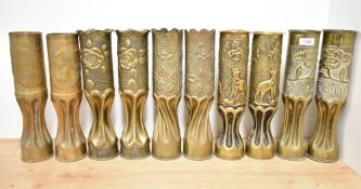 Five pairs of French 75DEC brass Trench Art shell cases, each with fluted lower sections and