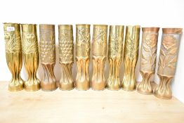 Five pairs of good French World War I 75DEC brass Trench Art shell cases, each with foliate repousse