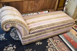 A Victorian style chaise longue, having modern lilac and cream upholstery