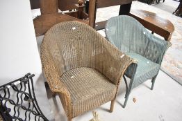 Two Lloyd Loom tub chairs, gold and green finish