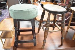 A 19th Century stool having turned frame, height approx. 53cm, and a traditional pub stool